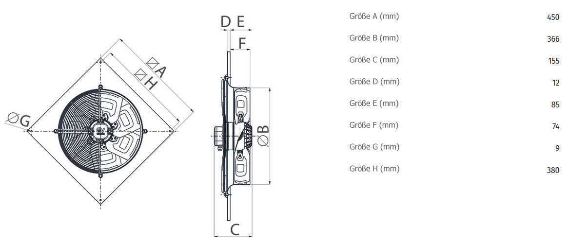 Abmessungen axialer Wandventilator A-E 35/4 T - 400V/50Hz