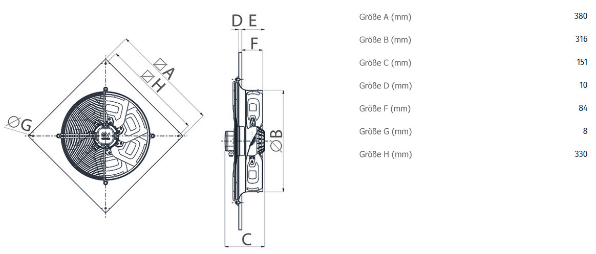Abmessungen axialer Wandventilator A-E 30/4 M - 230V/50Hz