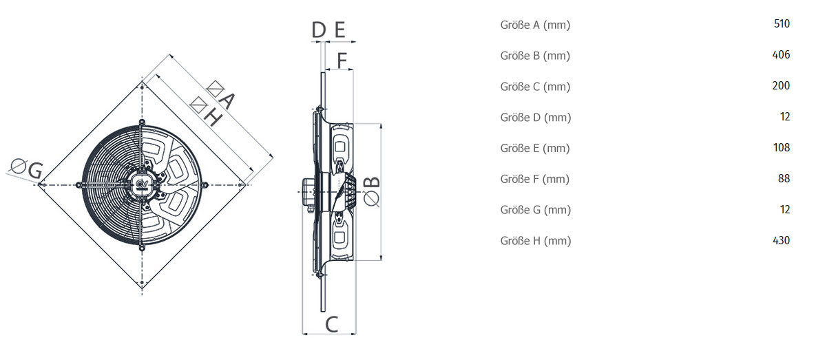 Abmessungen axialer Wandventilator A-E 40/4 M - 230V/50Hz