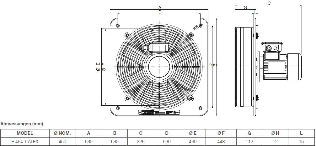 EX-geschützter Wandventilator E 454 T ATEX II 2G/D h T3/125°C X Gb/Db
