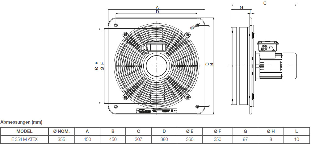 EX-geschützter Wandventilator E 354 M ATEX II 2G/D h T3/125°C X Gb/Db