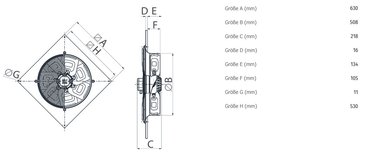 Abmessungen axialer Wandventilator A-E 63/6 T - 400V/50Hz