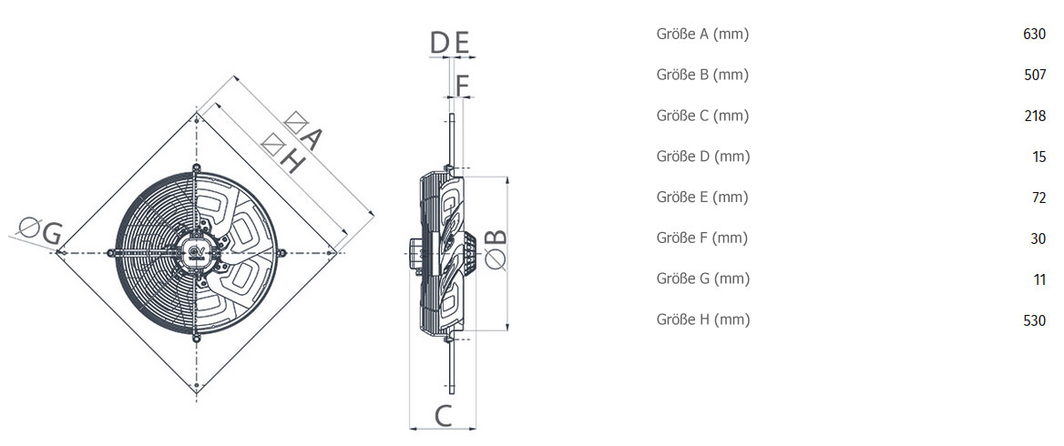 Abmessungen axialer Wandventilator A-E 50/4 M - 230V/50Hz