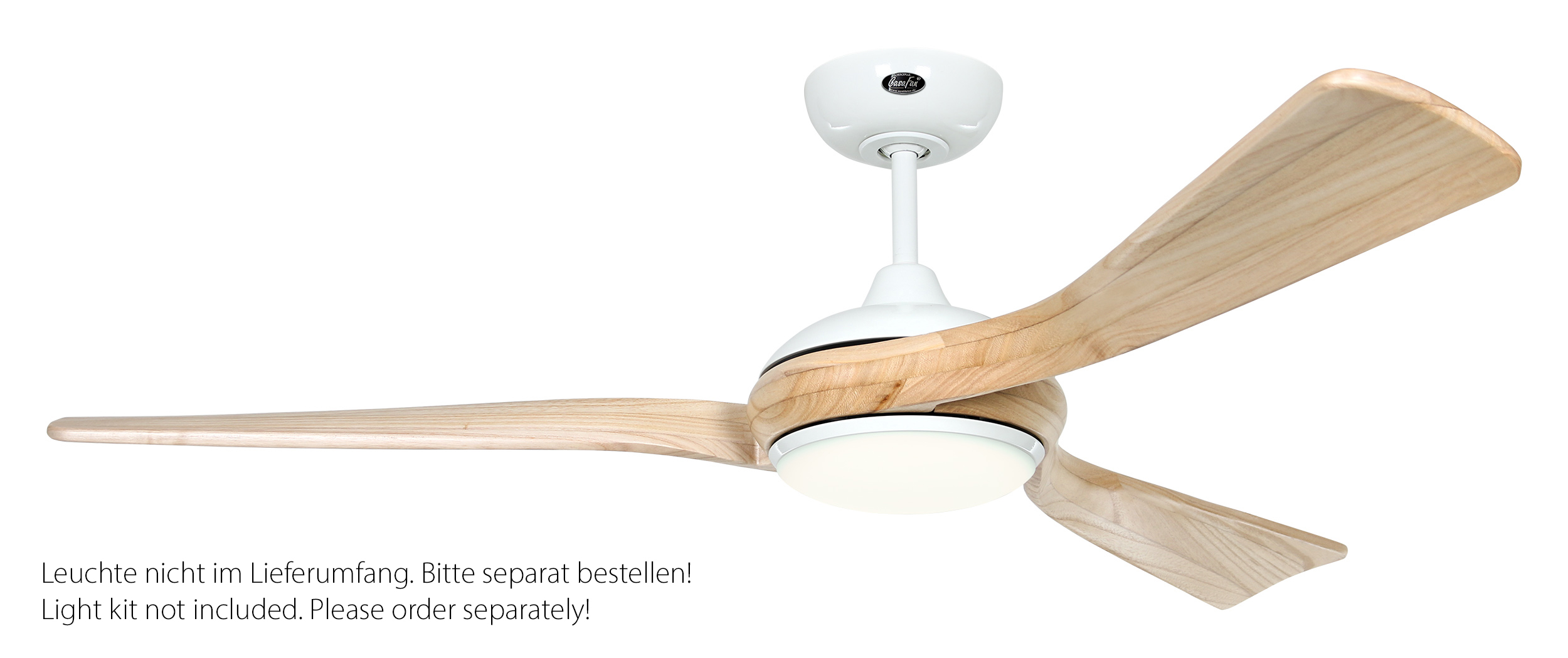 CasaFan Deckenventilator Eco Interior WE-NT- Gehäuse Lack weiß - 3 Flügel Holz natur - mit Fernbedienung - Ø 140 cm