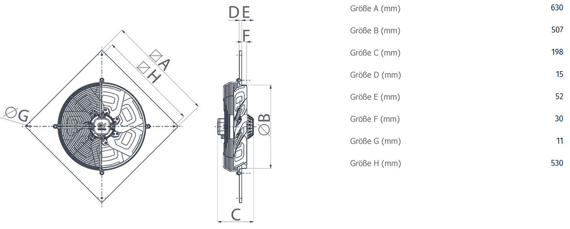 Abmessungen axialer Wandventilator A-E 50/4 T - 400V/50Hz