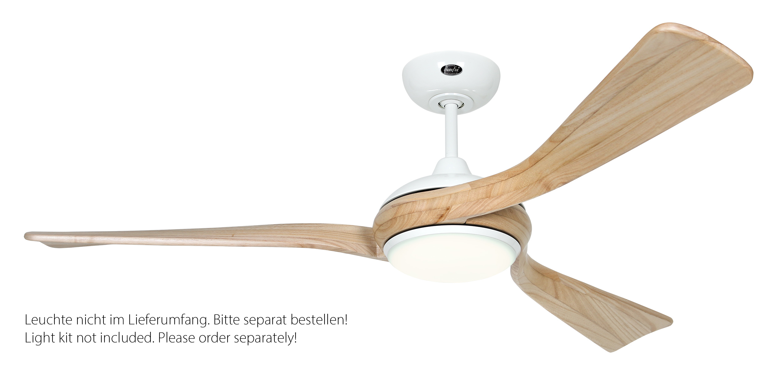 CasaFan Deckenventilator Eco Interior WE-NT- Gehäuse Lack weiß - 3 Flügel Holz natur - mit Fernbedienung - Ø 140 cm