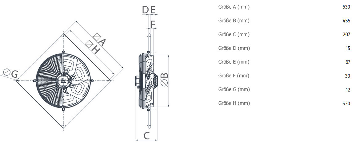 Abmessungen axialer Wandventilator A-E 45/4 T - 400V/50Hz