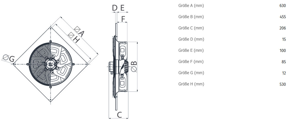 Abmessungen axialer Wandventilator A-E 45/4 M - 230V/50Hz