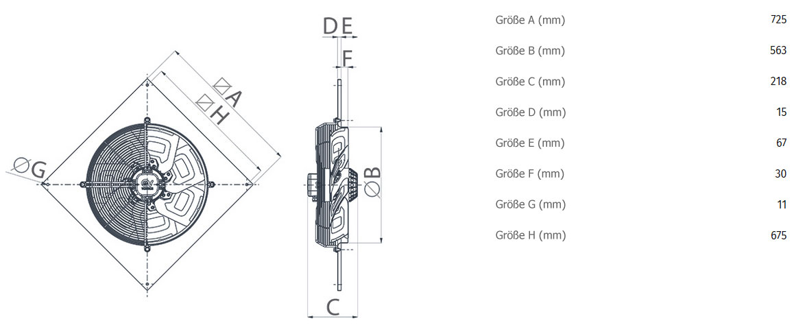 Abmessungen axialer Wandventilator A-E 56/4 T - 400V/50Hz