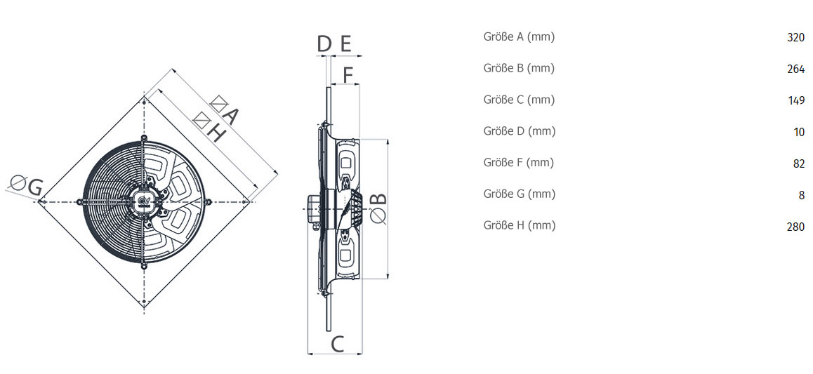 Abmessungen axialer Wandventilator A-E 25/2 M - 230V/50Hz