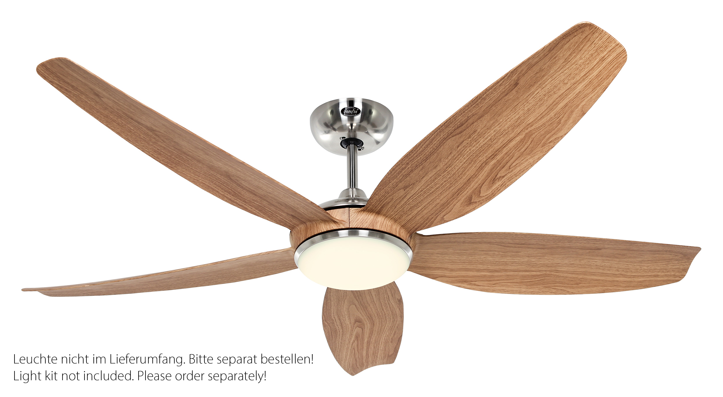 CasaFan Deckenventilator Eco Volare 142 BN-EN - Gehäuse Chrom gebürstet - 5 Flügel Eiche natur - mit Fernbedienung - Ø 142 cm