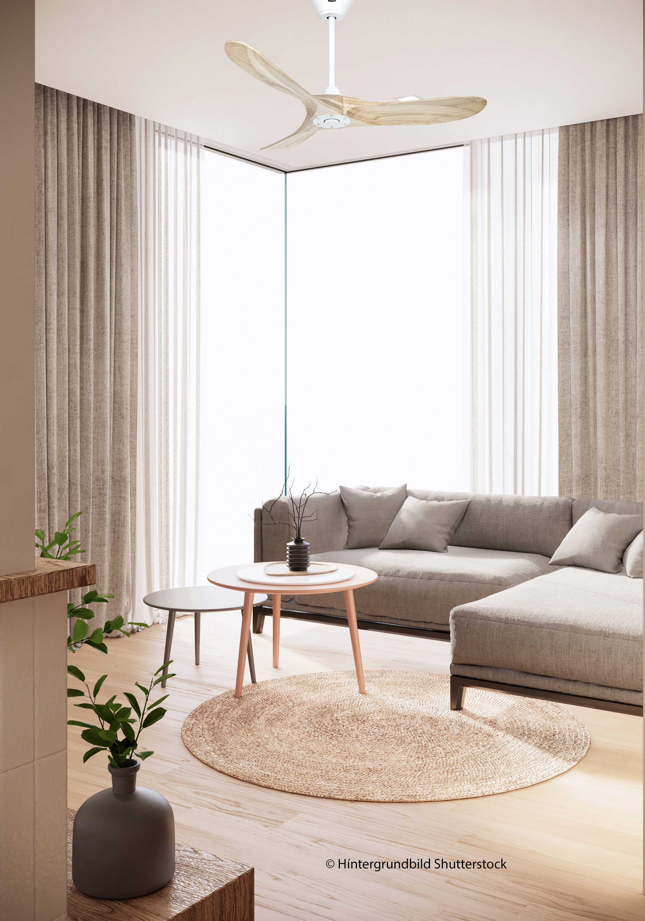 Ambiente CasaFan Deckenventilator ECO GENUINO 122 MW-NT - Gehäuse Lack matt weiß  - 3 Flügel Massivholz natur - Ø 122 cm - mit Fernbedienung