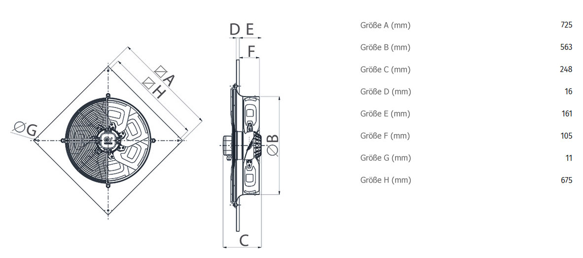Abmessungen axialer Wandventilator A-E 56/6 M - 230V/50Hz