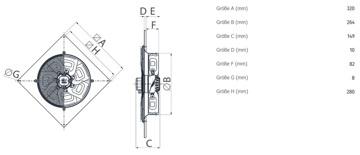Abmessungen axialer Wandventilator A-E 25/2 M - 230V/50Hz