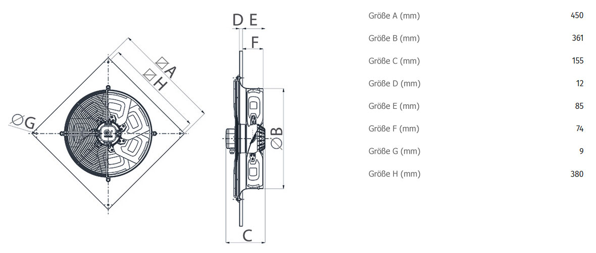 Abmessungen axialer Wandventilator A-E 35/4 M - 230V/50Hz
