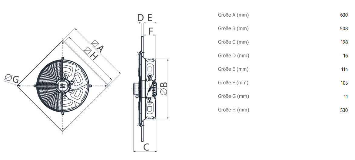 Abmessungen axialer Wandventilator A-E 50/6 T - 400V/50Hz