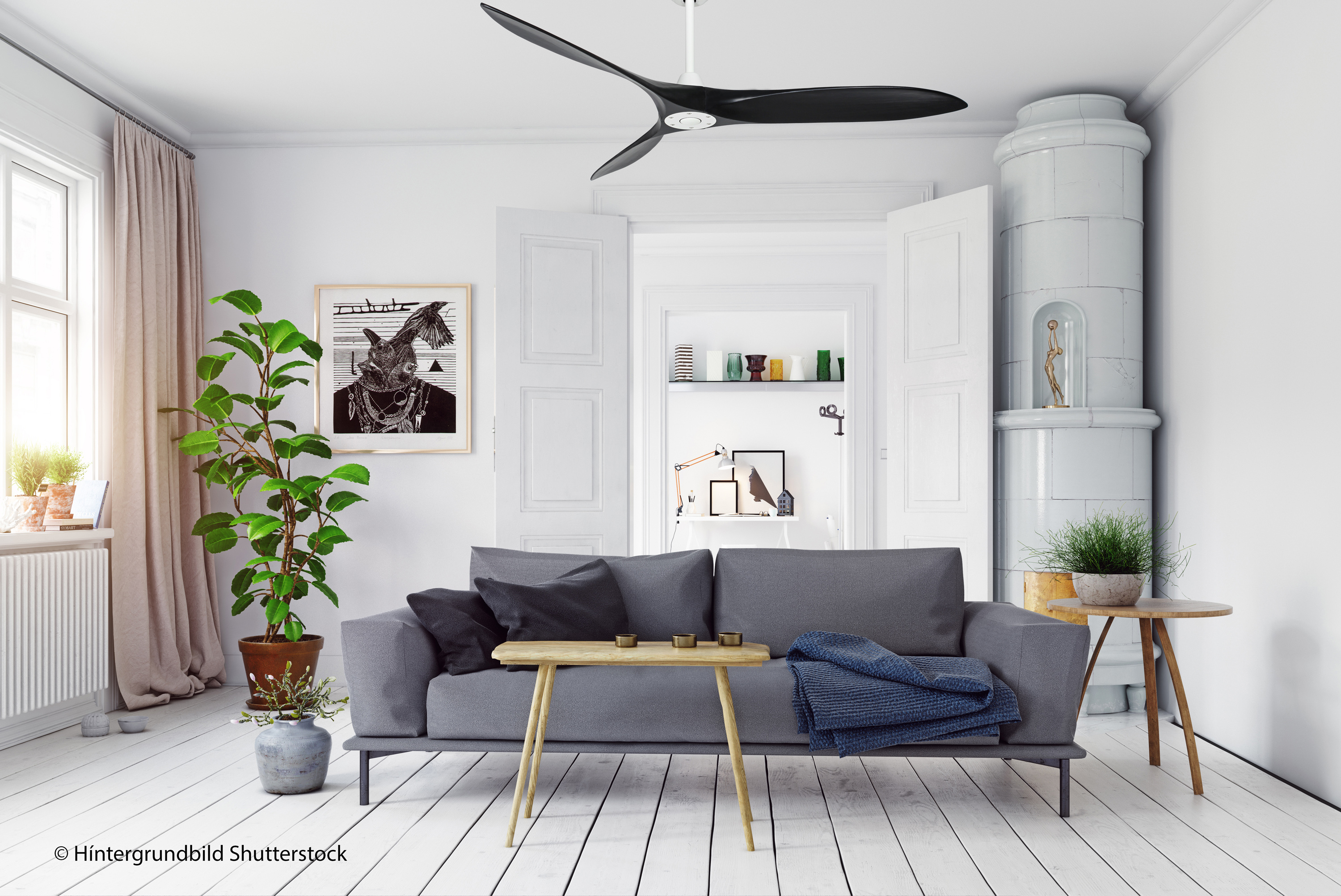 Ambiente CasaFan Deckenventilator ECO AIRSCREW 152 MW-GW - Gehäuse Lack matt weiß - 3 Flügel Grey washed - mit Fernbedienung - Ø 152 cm