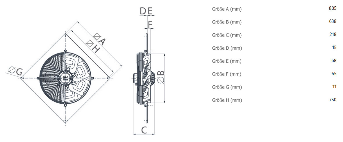 Abmessungen axialer Wandventilator A-E 63/6 T - 400V/50Hz