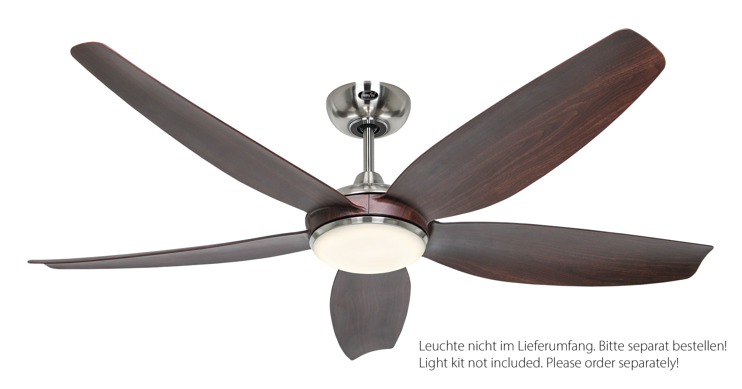 CasaFan Deckenventilator Eco Volare 142 BN-NB - Gehäuse Chrom gebürstet - 5 Flügel Nussbaum - mit Fernbedienung - Ø 142 cm