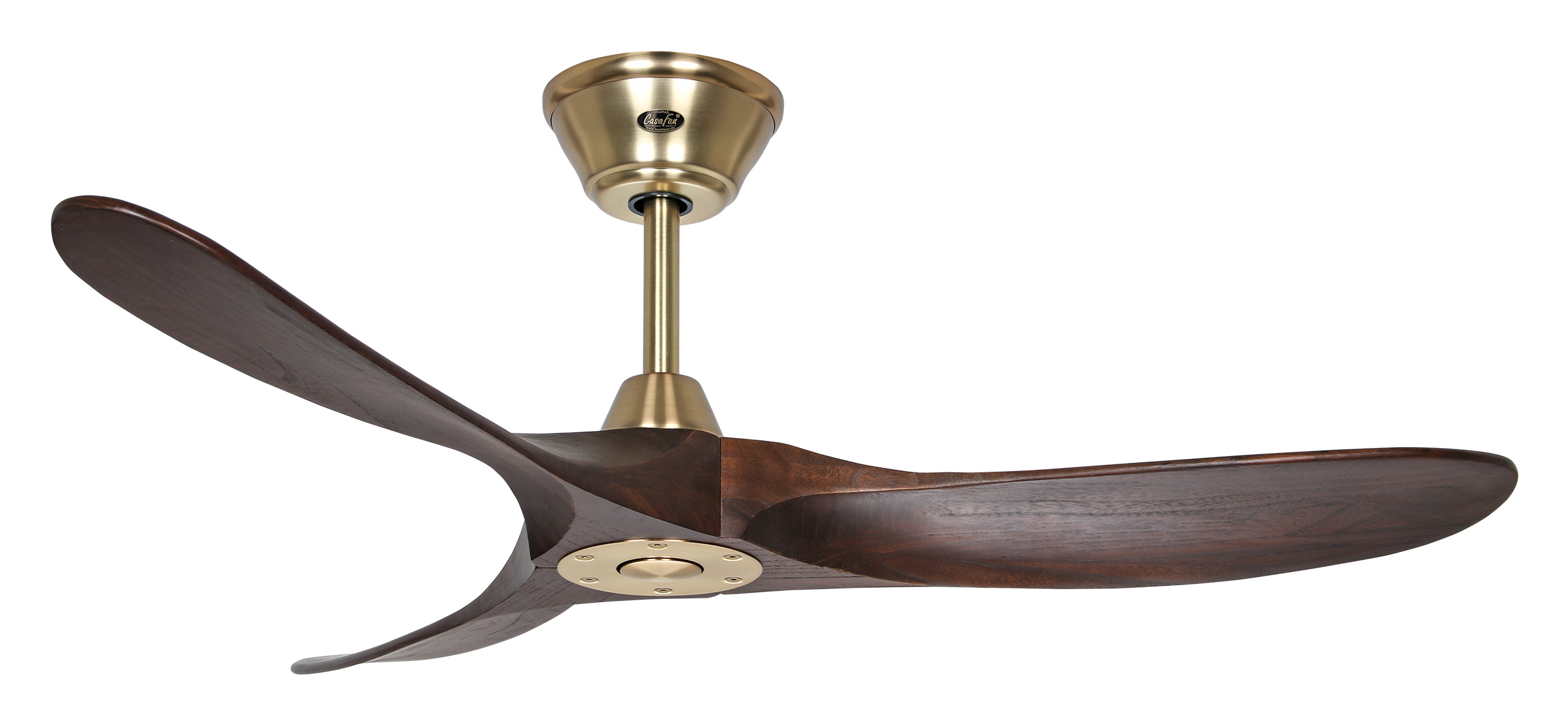 CasaFan Deckenventilator ECO GENUINO 122 MG-NB - Gehäuse Messing  gebürstet - 3 Flügel Massivholz Nussbaum gebeizt - Ø 122 cm - mit Fernbedienung