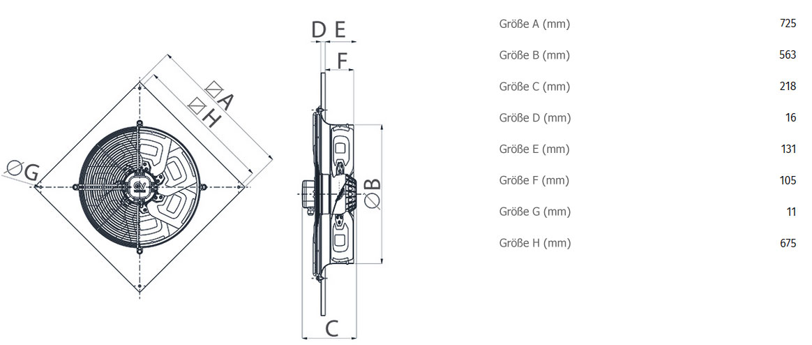 Abmessungen axialer Wandventilator A-E 56/6 T - 400V/50Hz