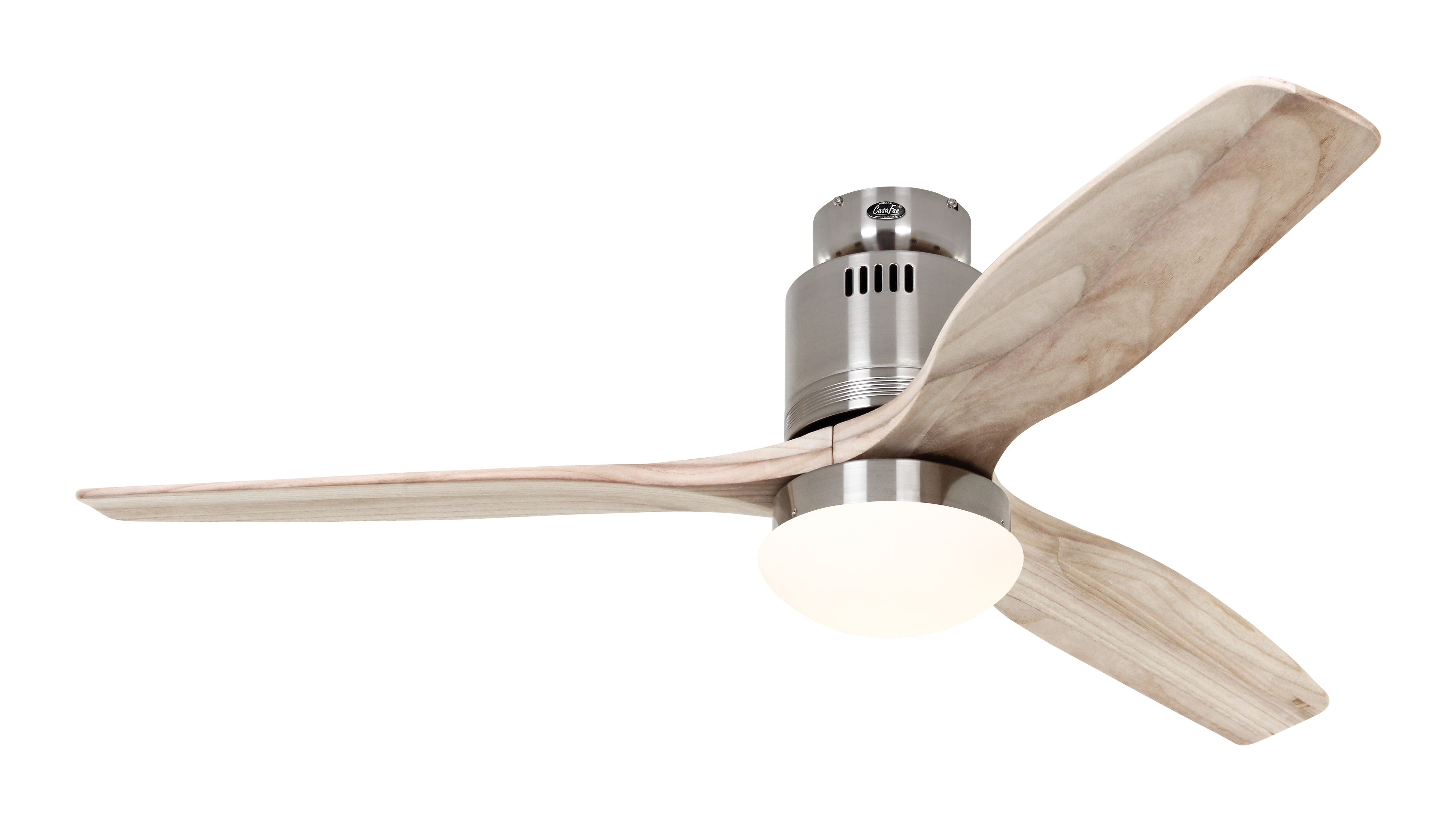 CasaFan Deckenventilator AERODYNAMIX ECO 132 BN-NT - Chrom gebürstet - 3 Flügel Holz natur - Ø 132 cm - mit Fernbedienung - mit Leuchte