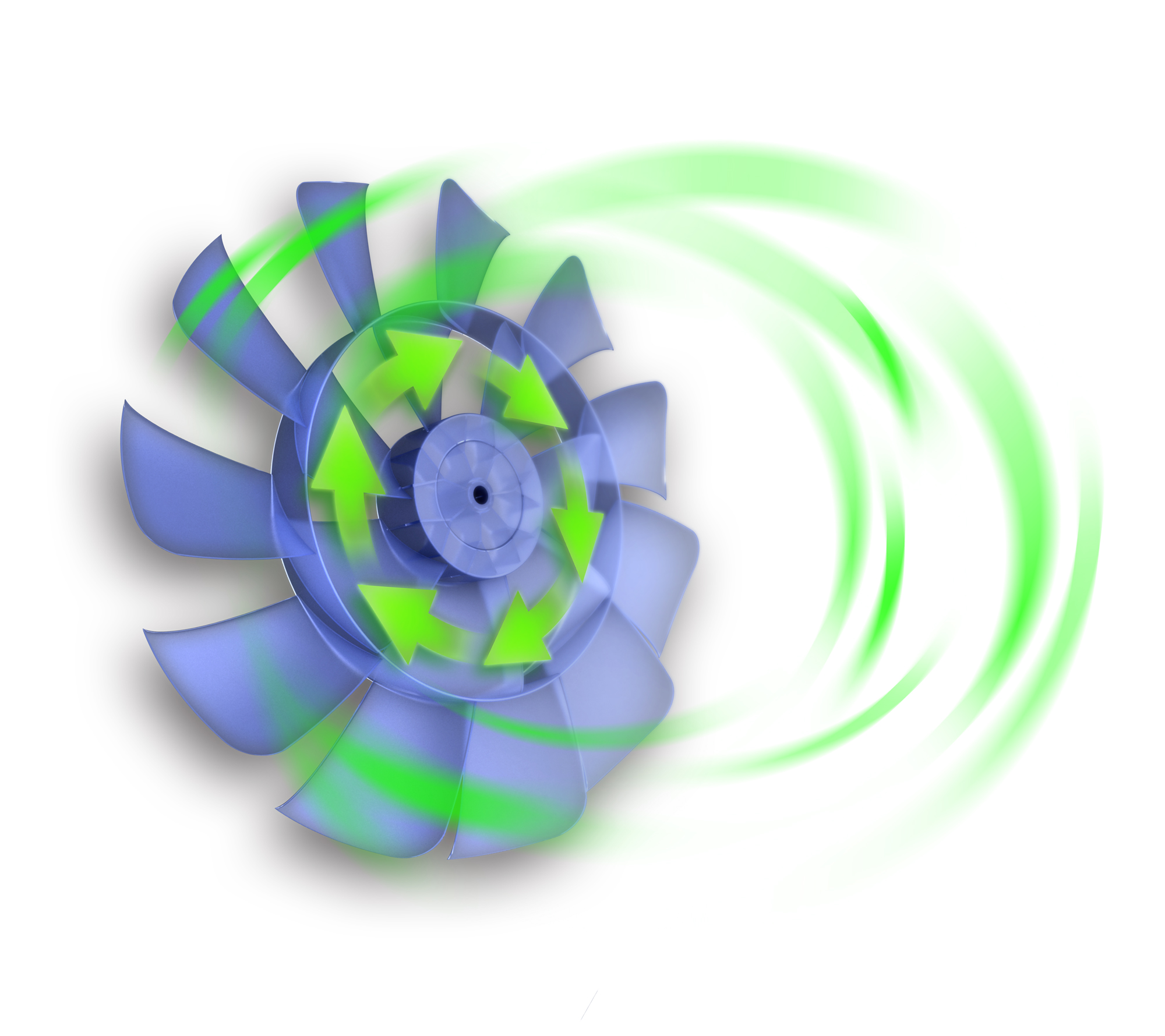 Leistungsstark - Neu entwickeltes, patentiertes Laufrad für einen breiteren Luftstrom mit höherer Reichweite. Der langsamere Luftstrom des inneren 7-blättrigen Flügelkreises wird mit dem schnelleren Luftstrom des äußeren 11-blättrigen Flügelkreises vor de